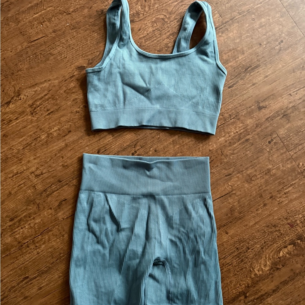 Blue Ribbed Sports Bra and Leggings Set